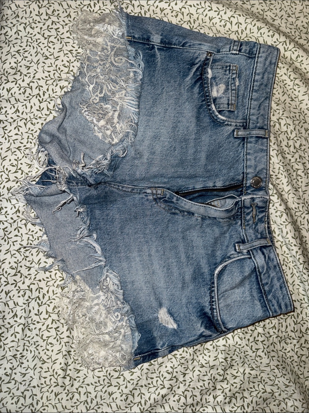Bershka Light Blue Distressed Lace Hem Denim Shorts